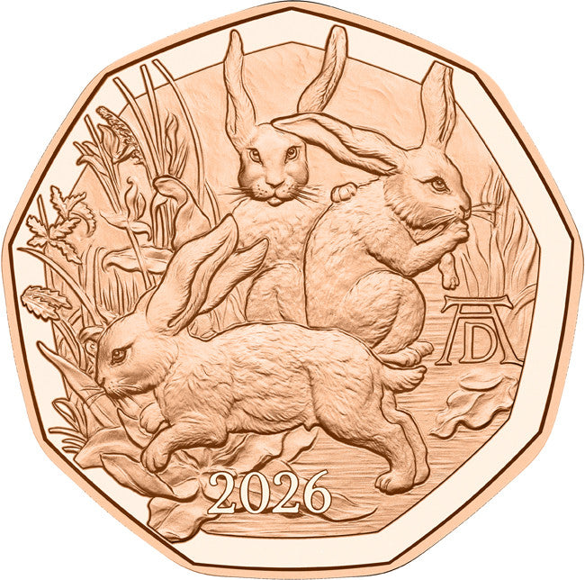 2026 5€ Austria Dürer’s Three Bunnies Copper Uncirculated Coin Capsule