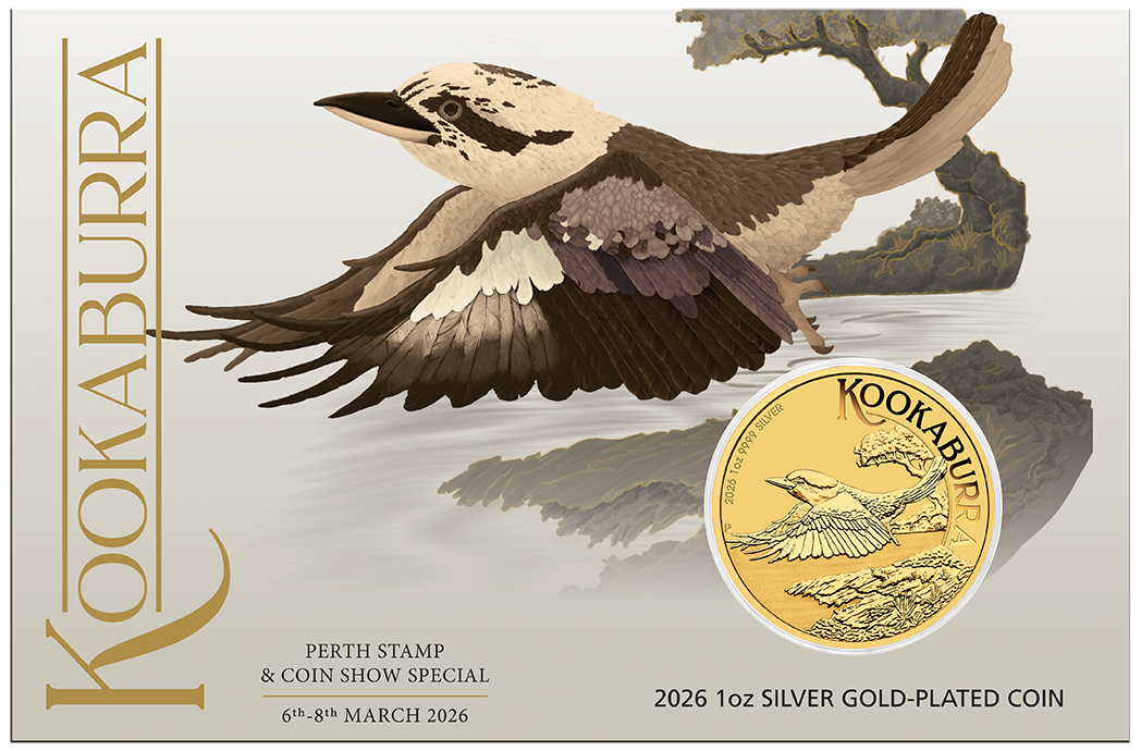 2026 1oz Kookaburra Gold Plated Coin in Card Perth Stamp & Coin Show Special