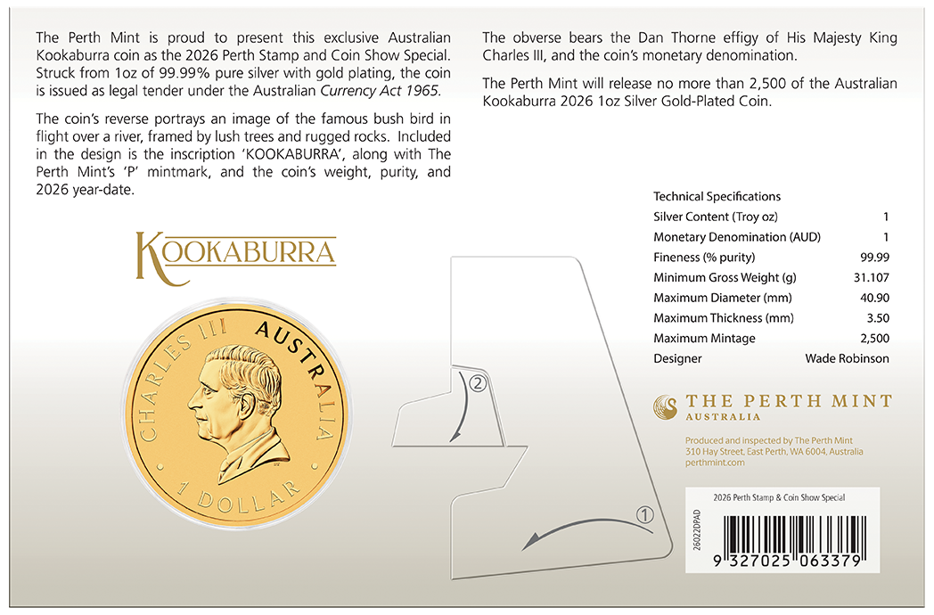 2026 1oz Kookaburra Gold Plated Coin in Card Perth Stamp & Coin Show Special