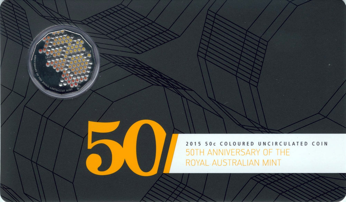 2015 50c 50th Anniversary of Royal Australian Mint Coloured Uncirculated Coin Card