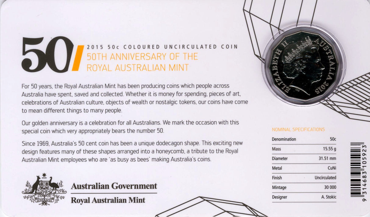 2015 50c 50th Anniversary of Royal Australian Mint Coloured Uncirculated Coin Card