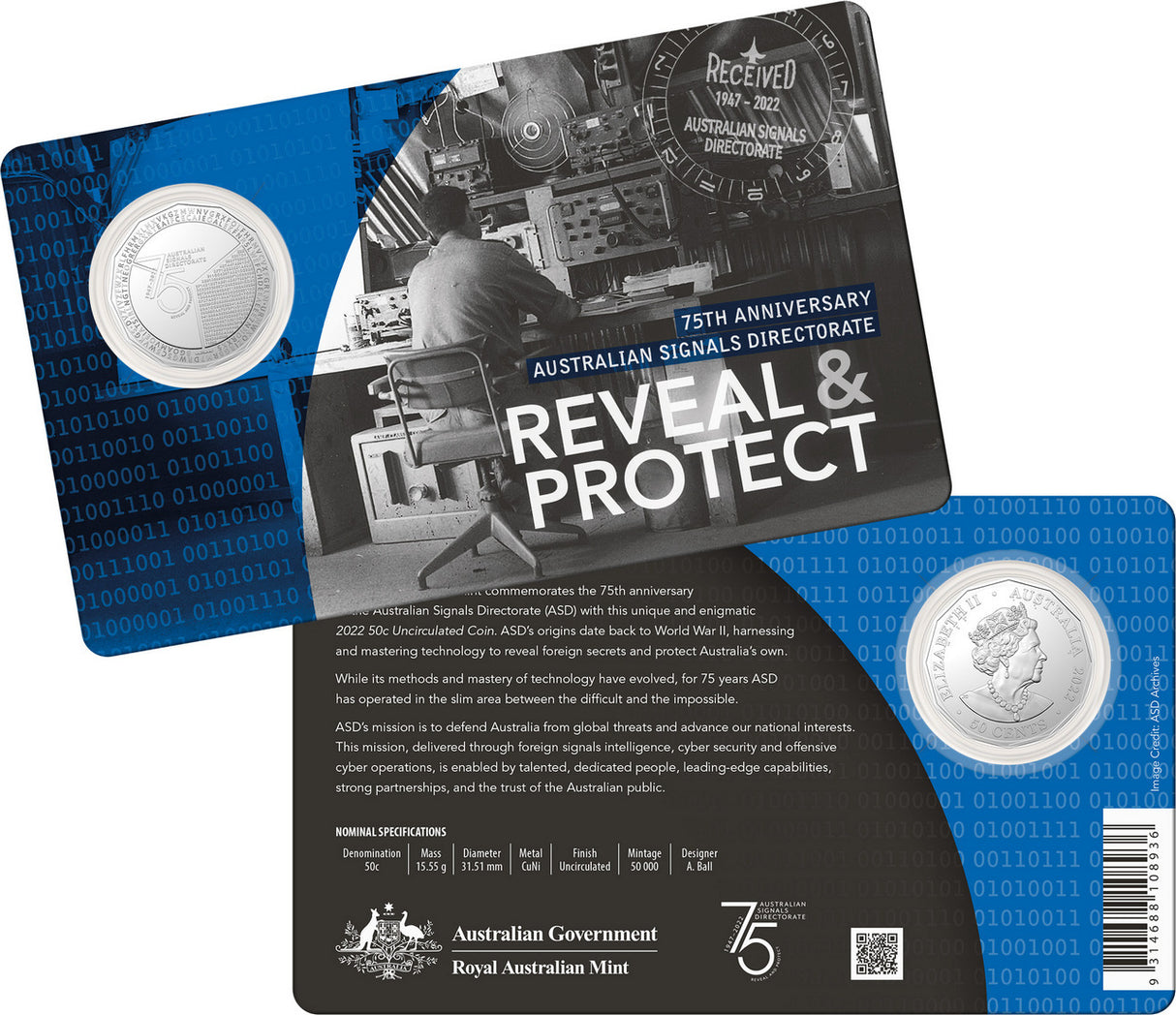 Australian Signals Directorate 75th Anniversary 2022 50c Uncirculated Coin Card