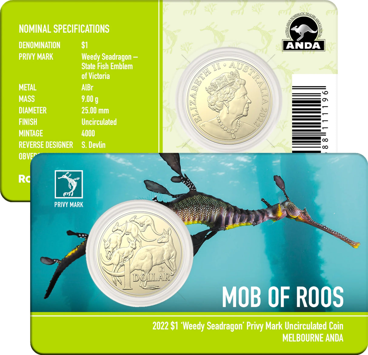 ANDA Melbourne Money Expo 2022 - Mob of Roos $1 Weedy Seadragon Privy Mark Unc Coin Card