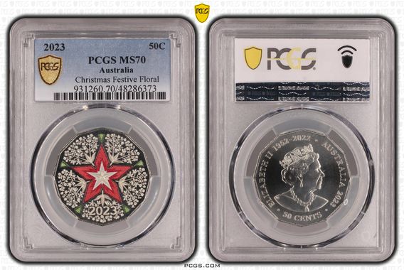 Christmas Festive Floral 2023 50c Coloured Coin - PCGS MS70 (48286373)