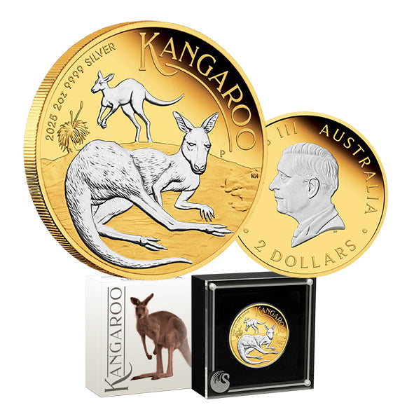 Australian Kangaroo 2025 $2 2oz Silver Proof Reverse Gilded Coin