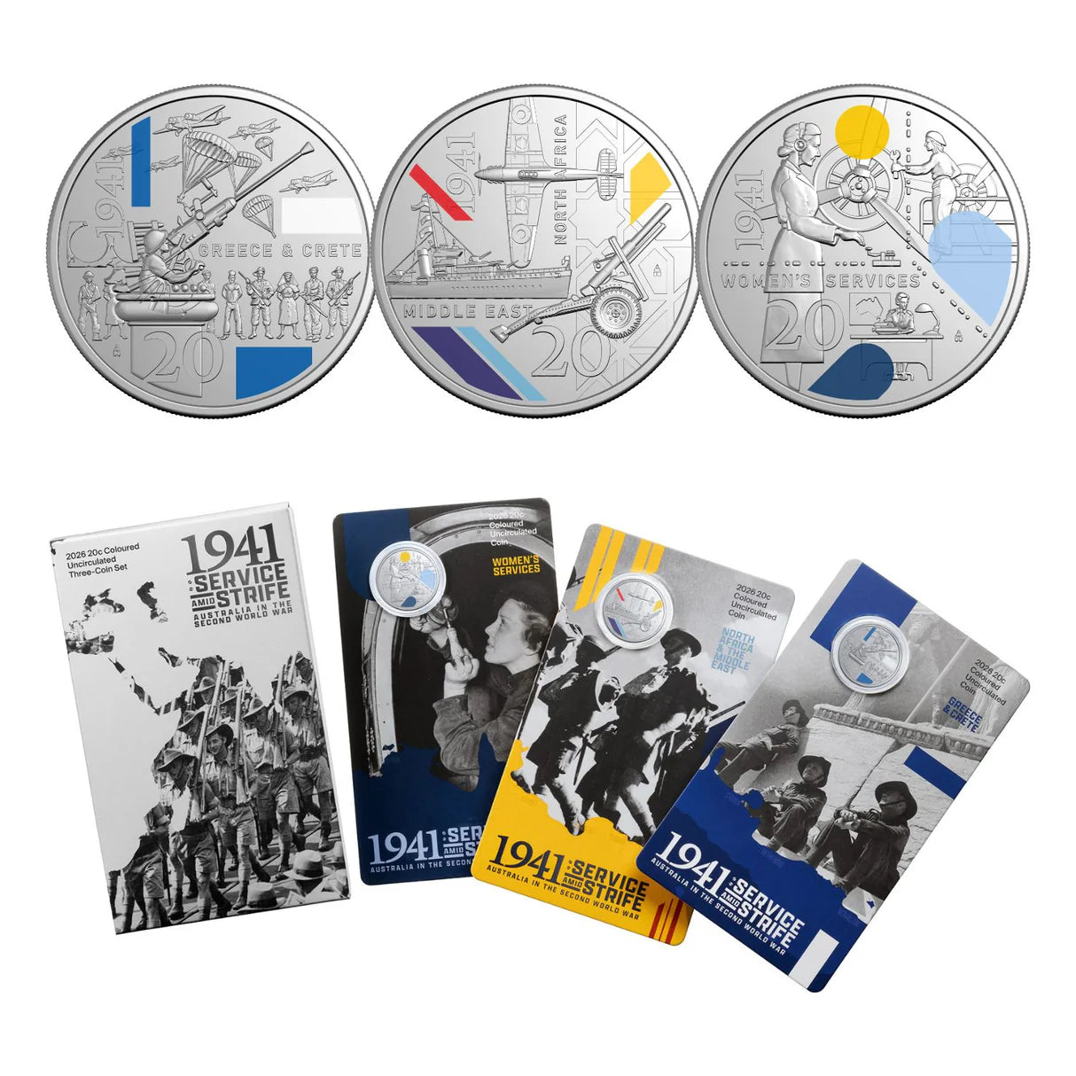 2026 20c 1941 Service Amid Strife Coloured Uncirculated 3 Coin Set