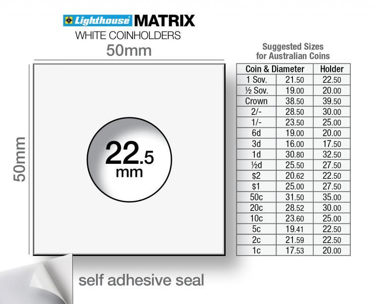 Coin Holder 2x2s Self Adhesive 22.5mm Fits $2 5c 2c Sov - Pack of 25 - Lighthouse MATRIX