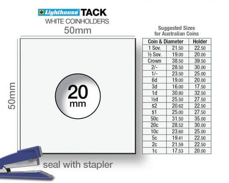 Coin Holder 2x2s Staple - Pack of 100 (Lighthouse TACK) - Sizes for Australian Decimal Coins