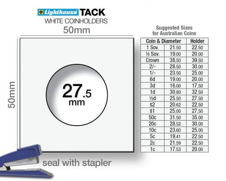 Coin Holder 2x2s Staple - Pack of 100 (Lighthouse TACK) - Sizes for Australian Decimal Coins