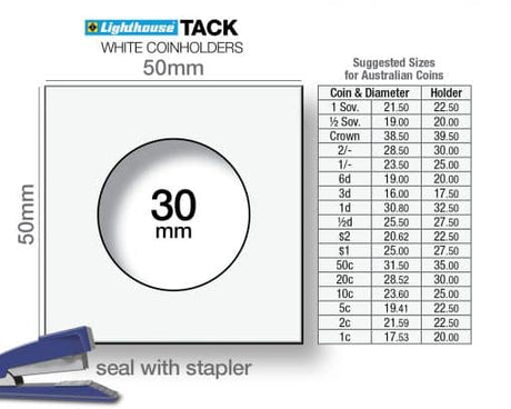 Coin Holder 2x2s Staple - Pack of 100 (Lighthouse TACK) - Sizes for Australian Decimal Coins