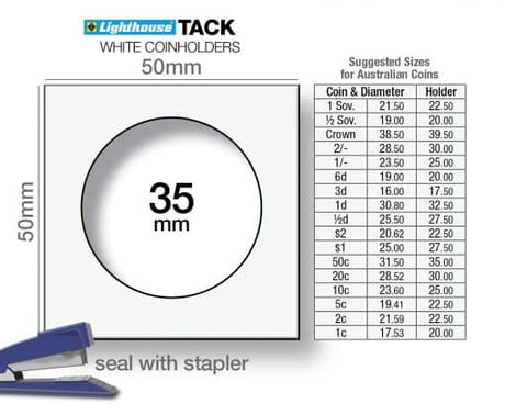 Coin Holder 2x2s Staple - Pack of 100 (Lighthouse TACK) - Sizes for Australian Decimal Coins