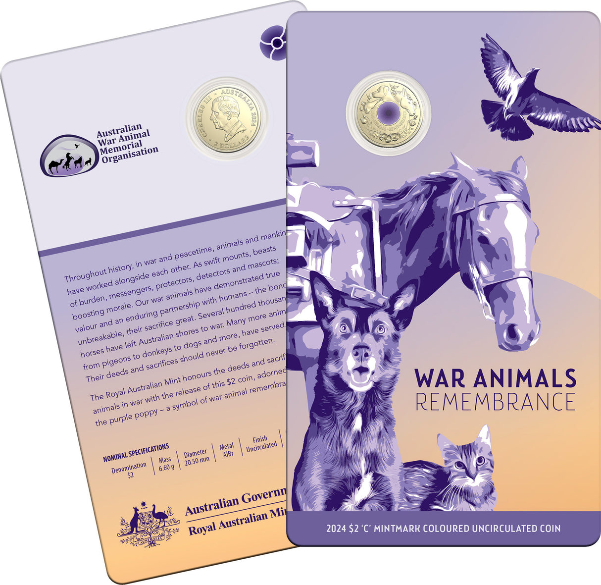 War Animals Remembrance 2024 $2 C Mintmark Coloured Uncirculated Coin in Card