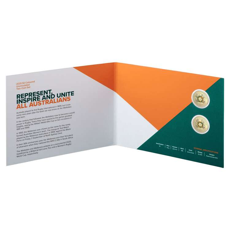 Wallabies & Wallaroos 2025 $2 Coloured Uncirculated Two Coin Set