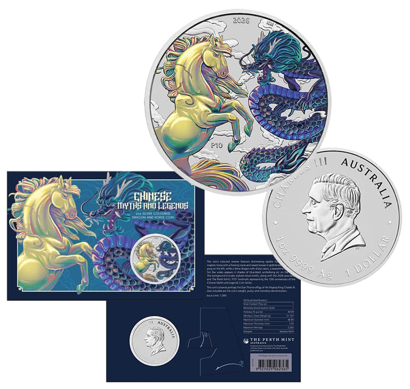 2026 1oz Chinese Myths and Legends - Dragon and Horse Opalite Silver Coloured Coin Card