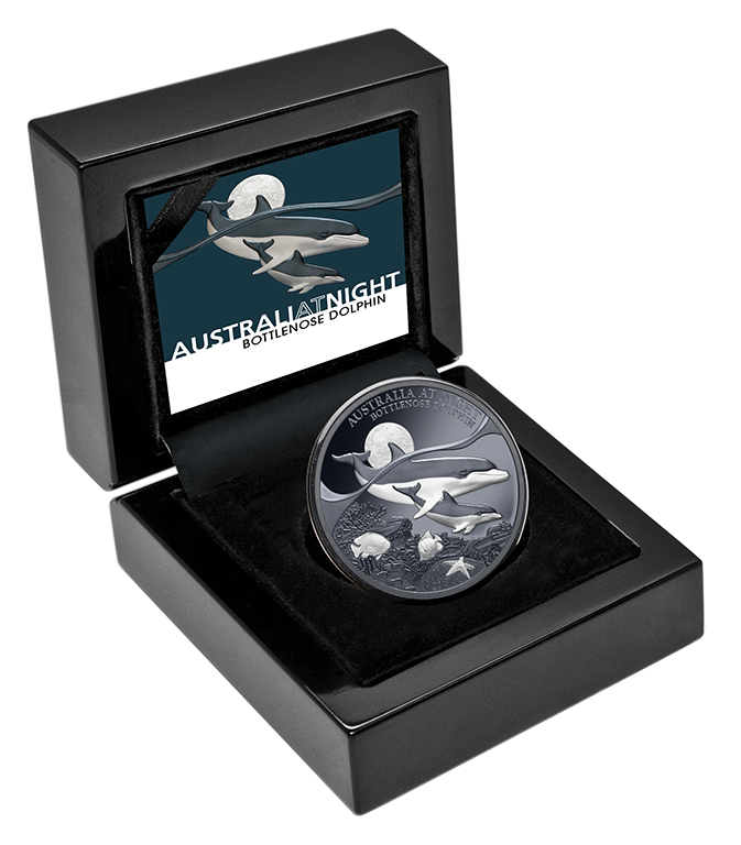 Australia At Night - 2025 Bottlenose Dolphin $1 1oz Silver Black Proof Coin