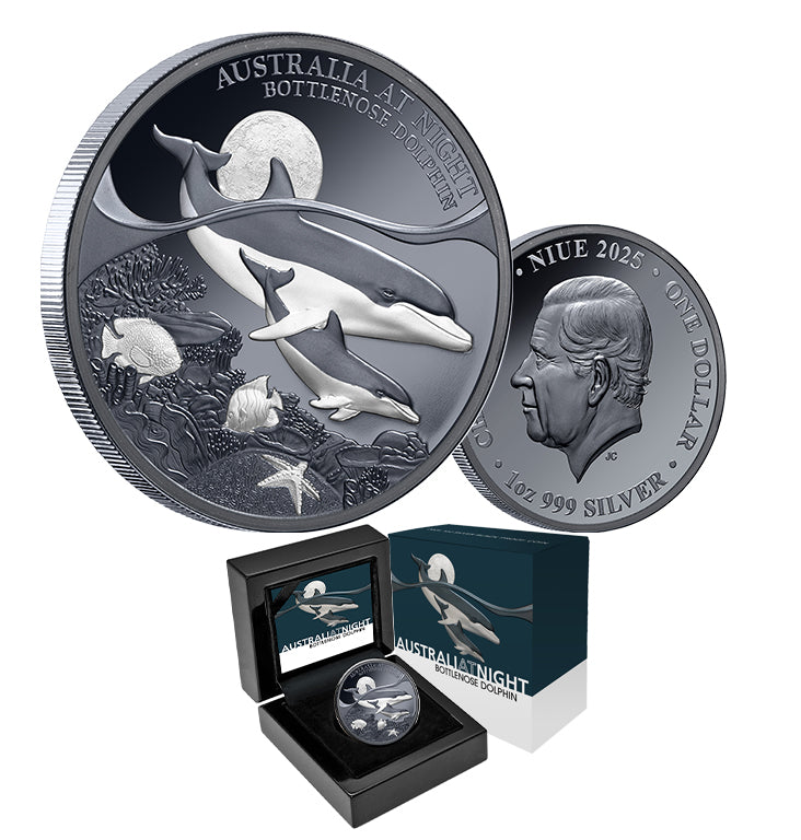 Australia At Night - 2025 Bottlenose Dolphin $1 1oz Silver Black Proof Coin