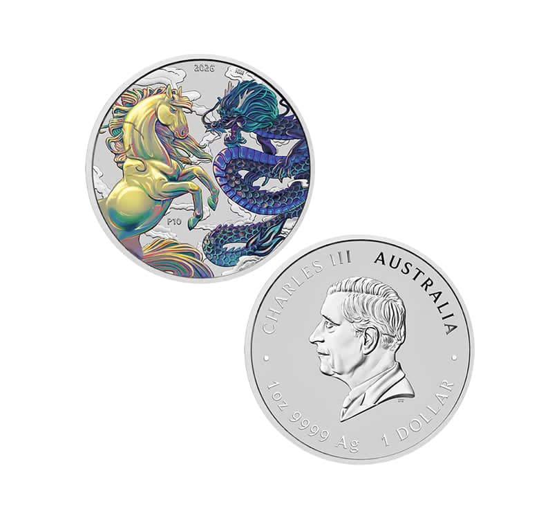 2026 1oz Chinese Myths and Legends - Dragon and Horse Opalite Silver Coloured Coin