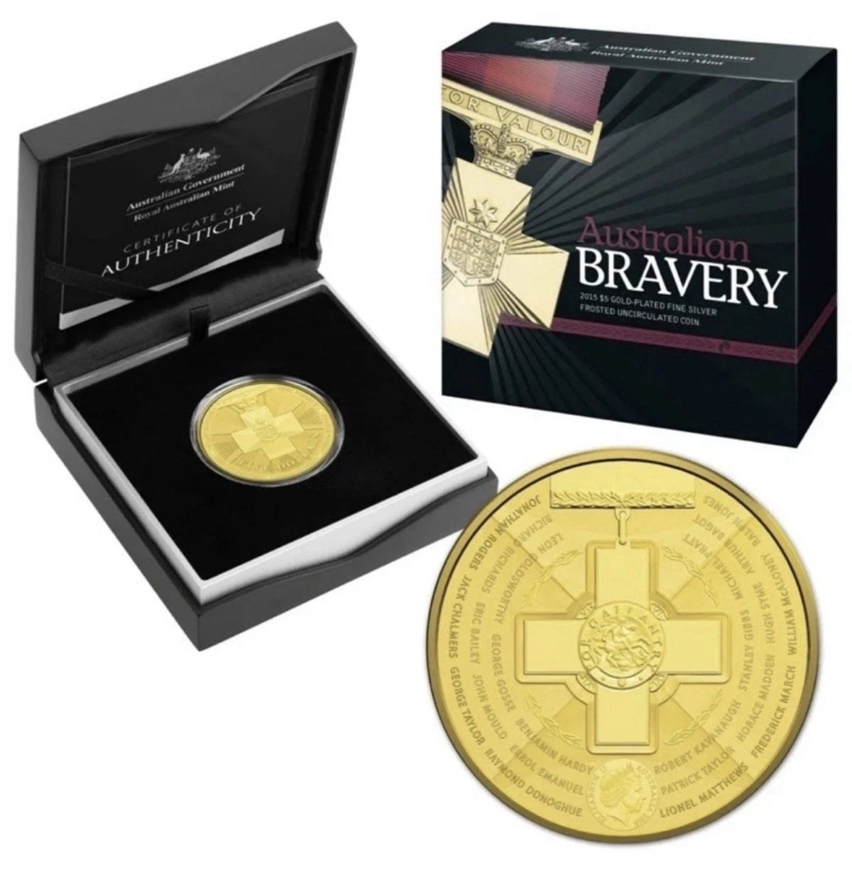 2015 $5 Australian Bravery Gold Plated Fine Silver Frosted Coin