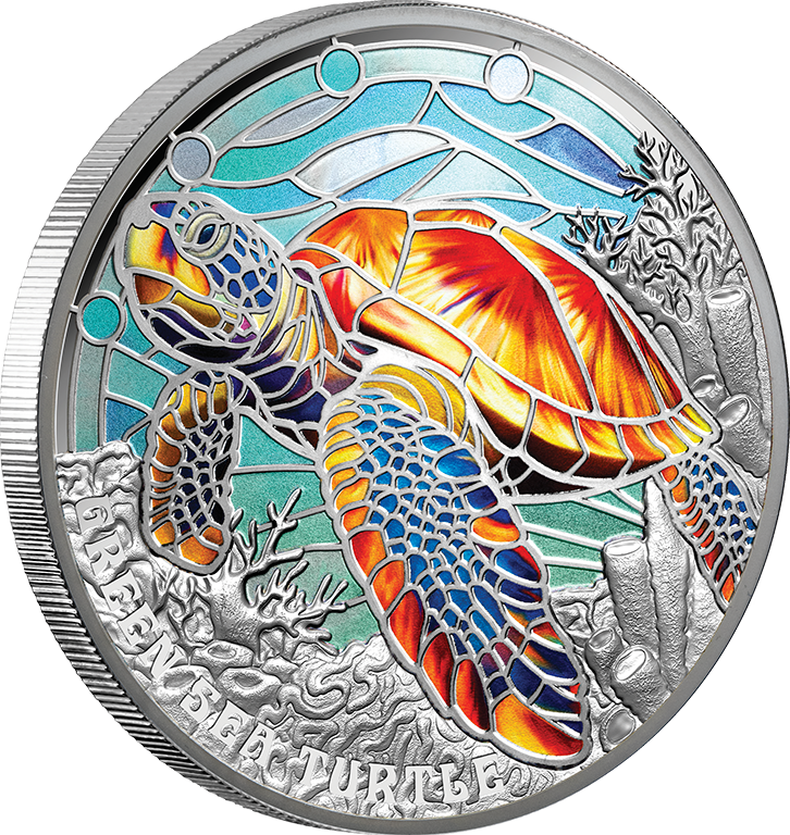 Natures Window Green Sea Turtle 2oz Silver Coloured Proof Coin