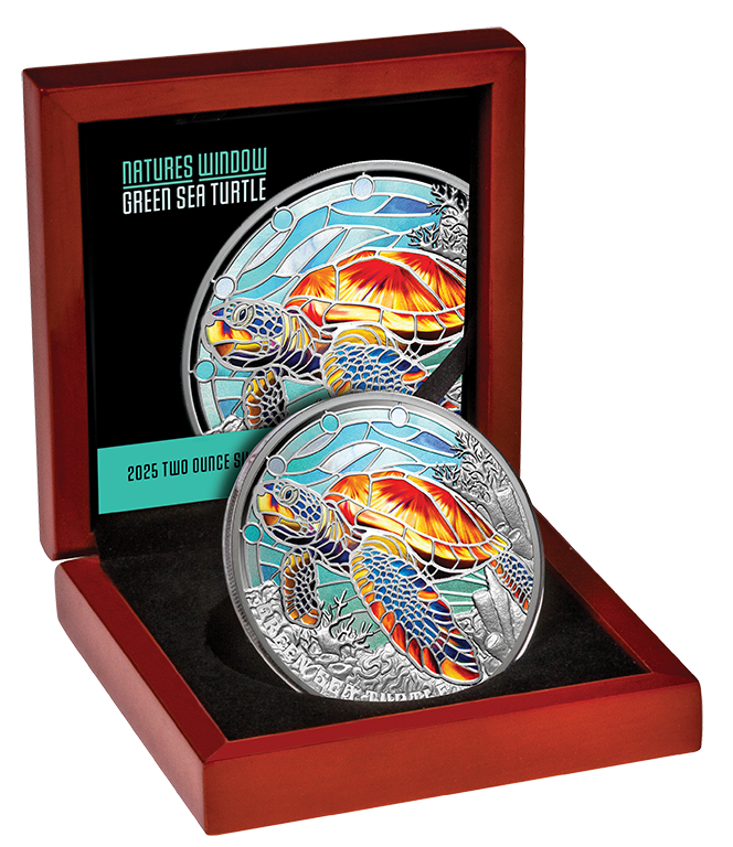 Natures Window Green Sea Turtle 2oz Silver Coloured Proof Coin