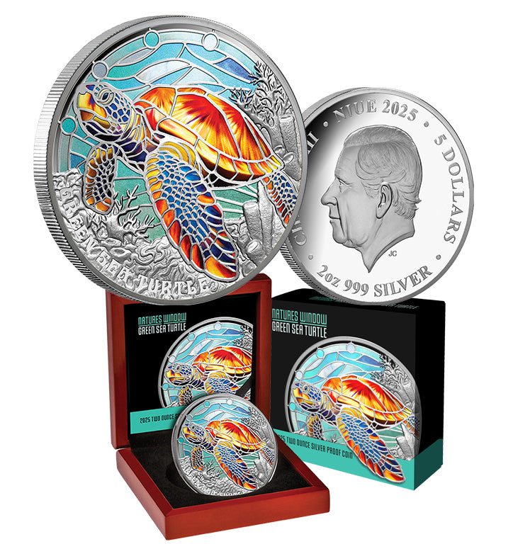 Natures Window Green Sea Turtle 2oz Silver Coloured Proof Coin