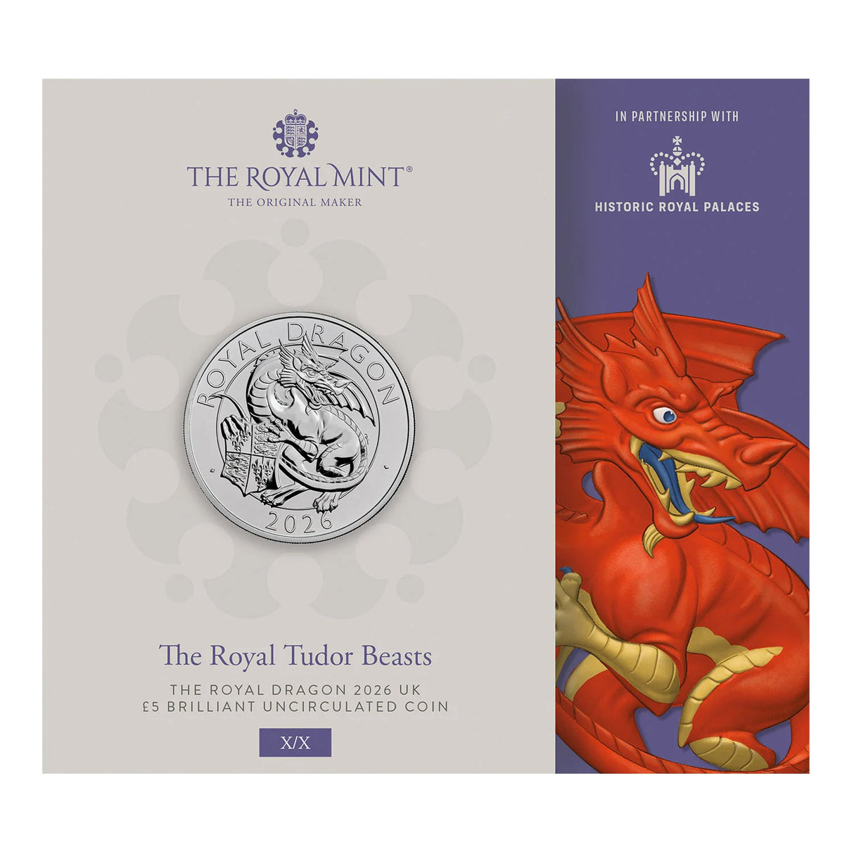 2026 £5 UK The Royal Tudor Beasts The Royal Dragon BU Coin Card
