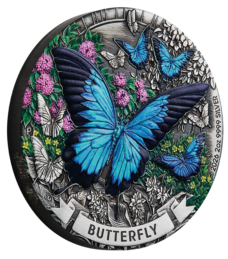 2026 2oz Butterfly Silver Antiqued Coloured Coin