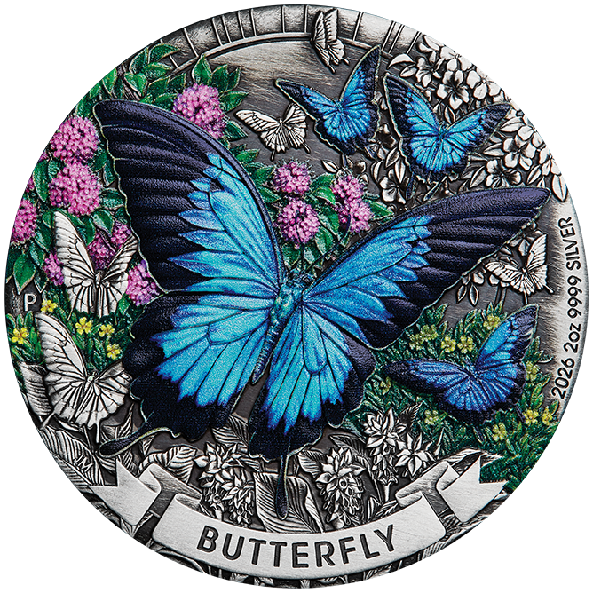 2026 2oz Butterfly Silver Antiqued Coloured Coin