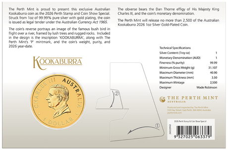2026 1oz Kookaburra Gold Plated Coin in Card Perth Stamp & Coin Show Special