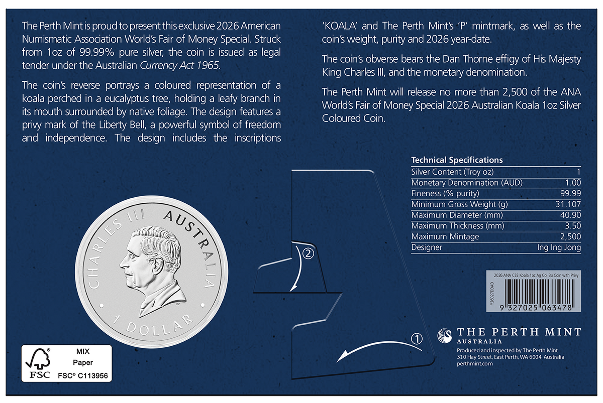 2026 1oz Australia Koala with Liberty Bell Privy Silver Coloured Coin - ANA Coin Show Special
