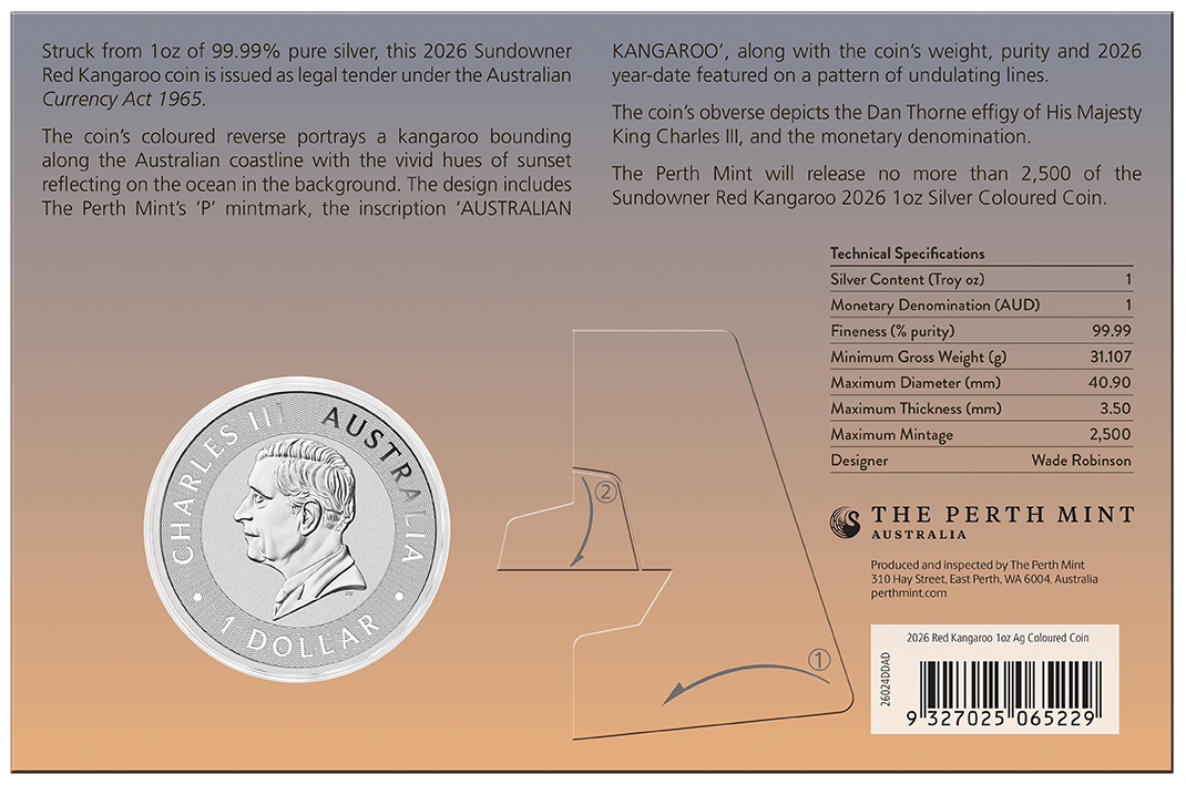 2026 1oz Sundowner Red Kangaroo Silver Coloured Coin Card