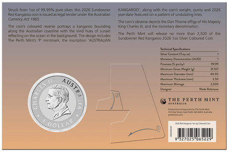 2026 1oz Sundowner Red Kangaroo Silver Coloured Coin Card
