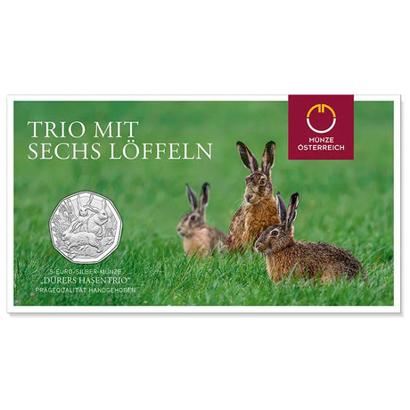2026 5€ Austria Dürer’s Three Bunnies Ag Uncirculated Coin Card