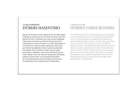 2026 5€ Austria Dürer’s Three Bunnies Ag Uncirculated Coin Card