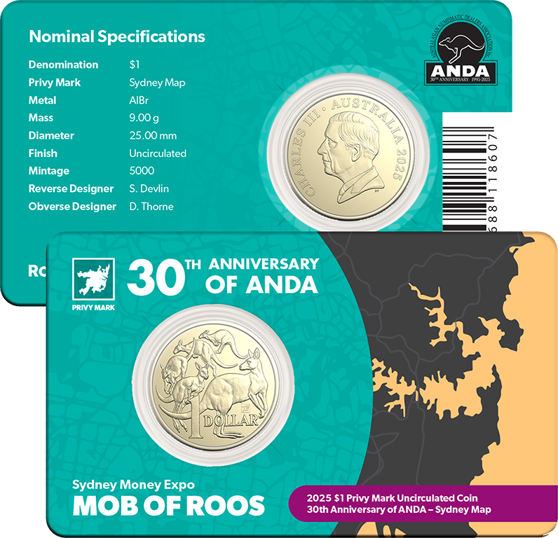 2025 $1 Mob of Roos with Sydney Map Privy Mark - Sydney ANDA Money Expo