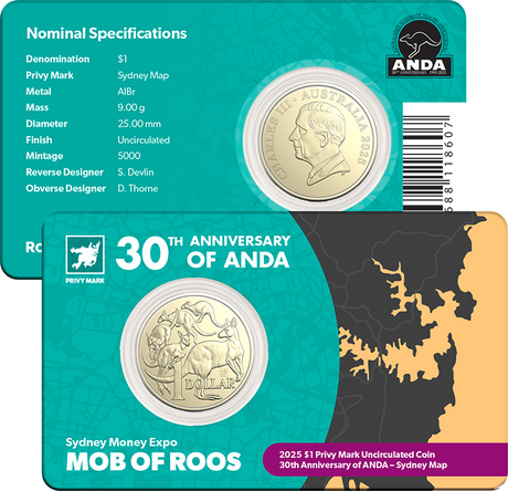 2025 $1 Mob of Roos with Sydney Map Privy Mark - Sydney ANDA Money Expo