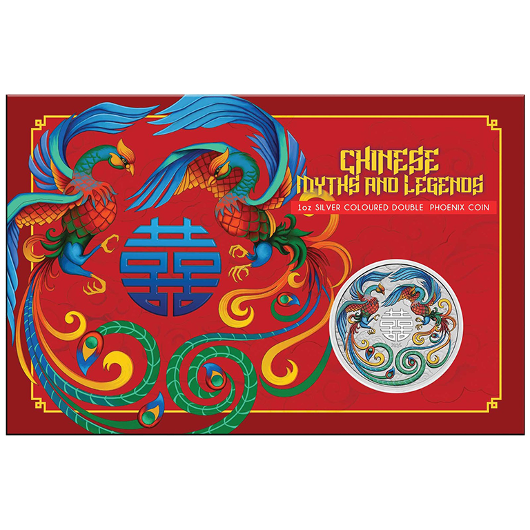 Chinese Myths and Legends Double Phoenix 2025 1oz Silver Vivid Coloured Coin in Card