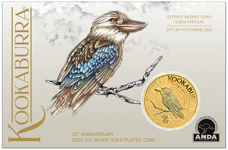 35th Anniversary of the Australian Kookaburra 2025 1oz Silver Gold-Plated Coin in Card -ANDA Sydney Money Expo 25