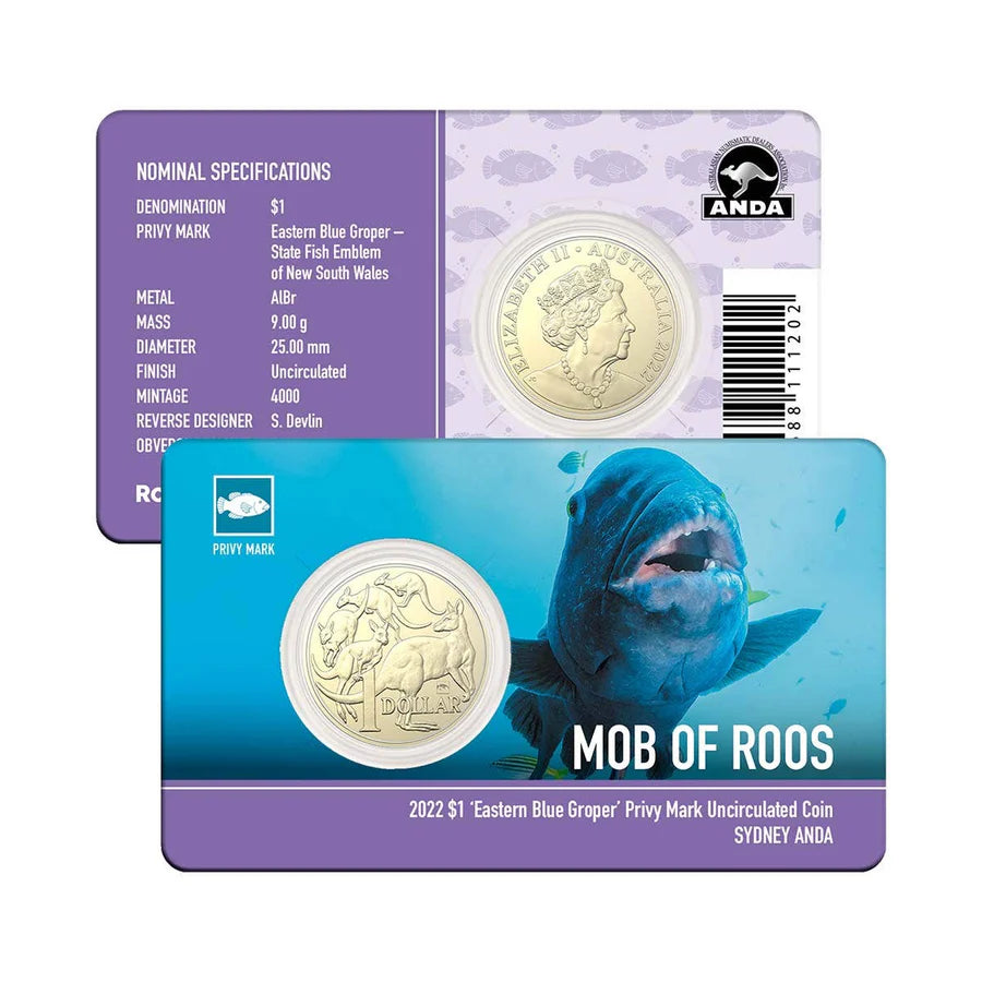 Mob of Roos - 2022 $1 Eastern Blue Groper Privy Mark Unc Coin Card - ANDA Sydney Money Expo 2022