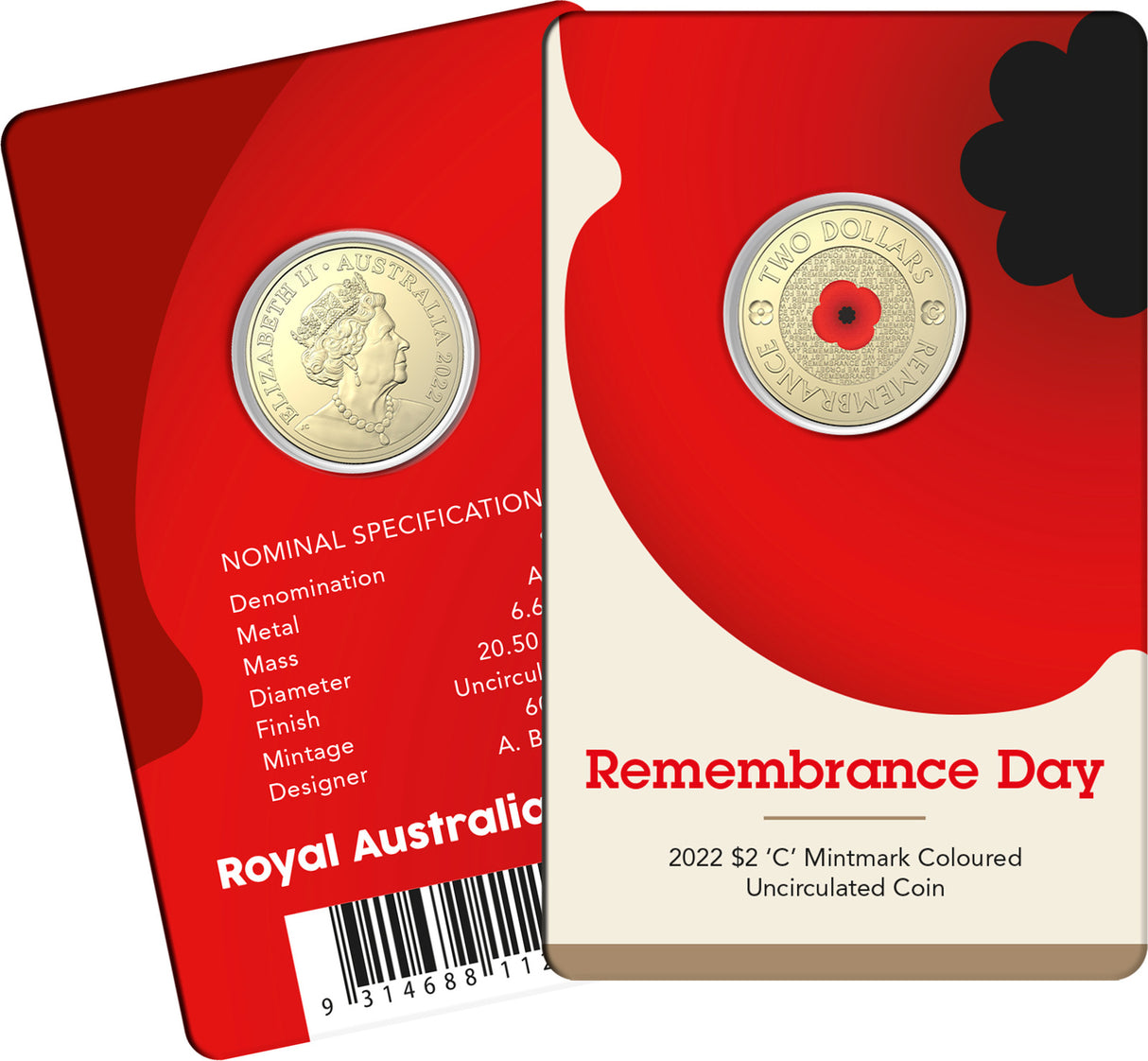 2022 $2 Remembrance Day Poppy C Mintmark Coloured Unc Coin Card
