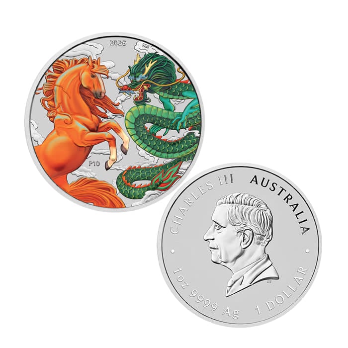 2026 1oz Chinese Myths and Legends - Dragon and Horse Fire and Earth Silver Coloured Coin