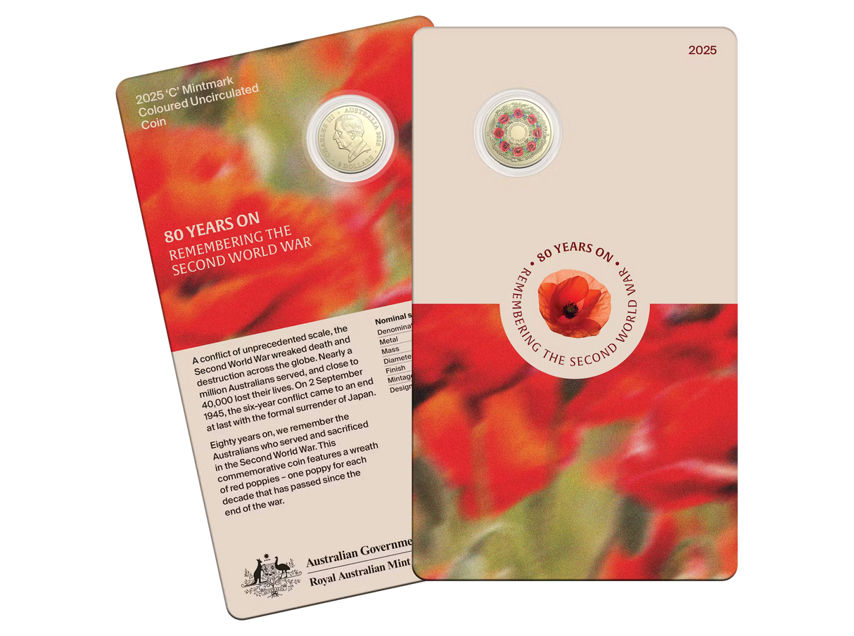 2025 $2 80 Years On Remembering the Second World War C Mintmark Coloured Uncirculated Coin in Card