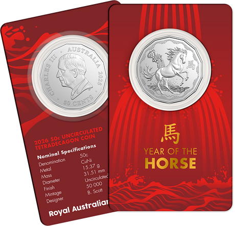 Lunar Series Year of the Horse 2026 50c Tetradecagon Unc Coin Card