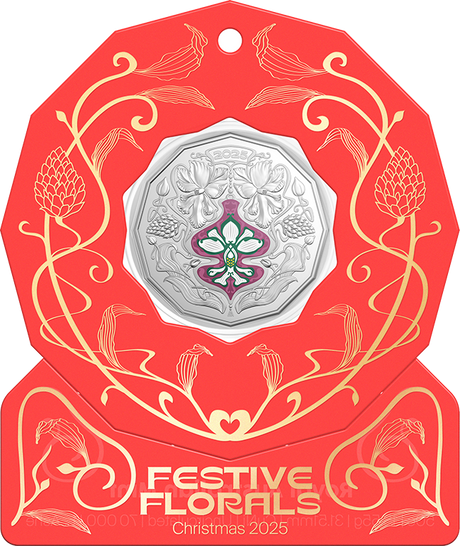 Christmas Festive Florals 2025 50c Coloured Unc Coin Card