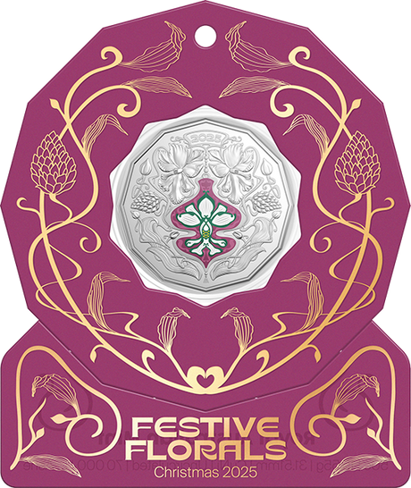 Christmas Festive Florals 2025 50c Coloured Unc Coin Card