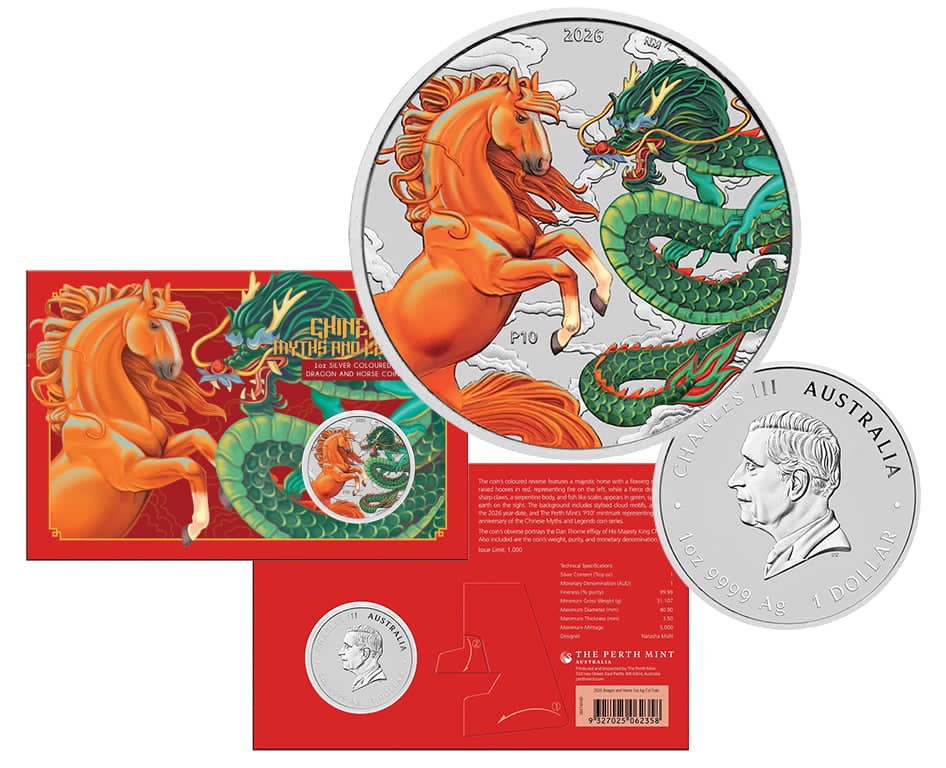 2026 1oz Chinese Myths and Legends - Dragon and Horse Fire and Earth Silver Coloured Coin Card