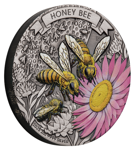 Australian Honey Bee 2025 2oz Silver Antiqued Coloured Coin