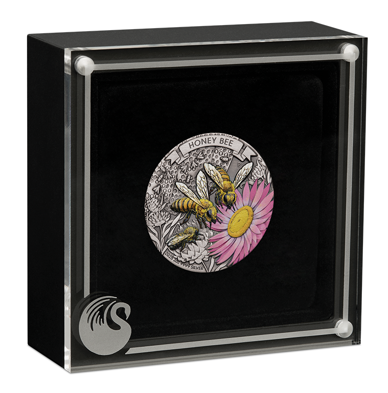 Australian Honey Bee 2025 2oz Silver Antiqued Coloured Coin