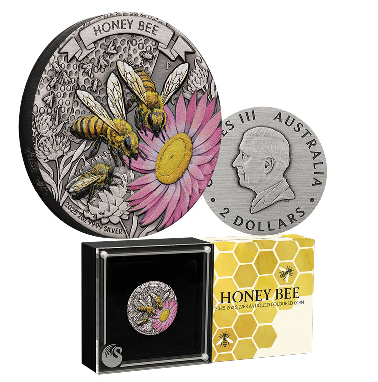 Australian Honey Bee 2025 2oz Silver Antiqued Coloured Coin