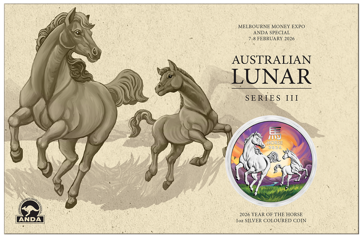 2026 1oz ANDA Melbourne Money Expo Year of the Horse 1oz Silver Coloured Coin in Card